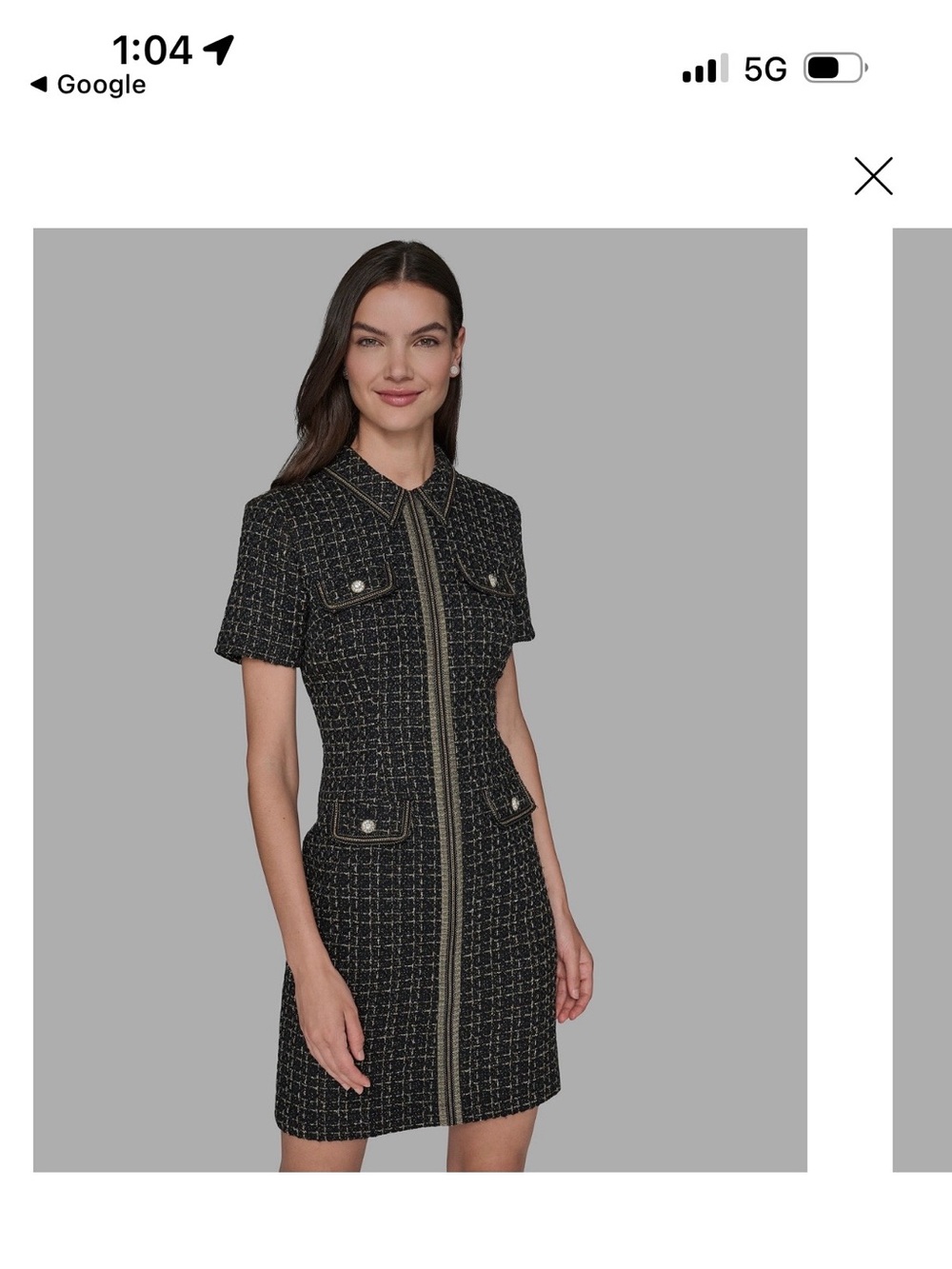 Karl Lagerfeld Black and Gold Tweed Short-Sleeve Shift Dress